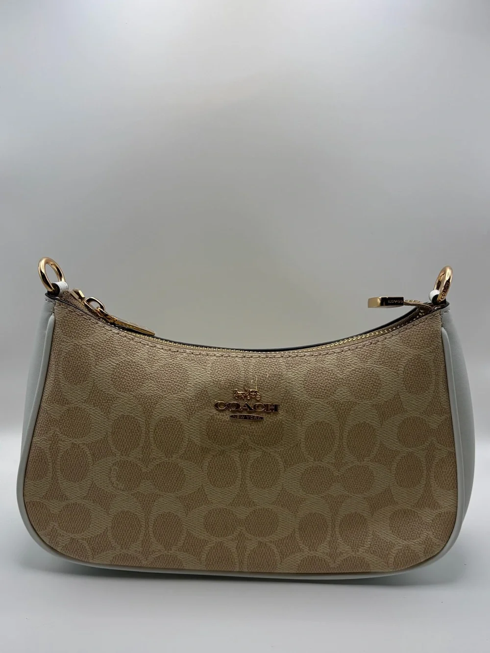 Coach Tan Signature Canvas Shoulder Bag with White Trim